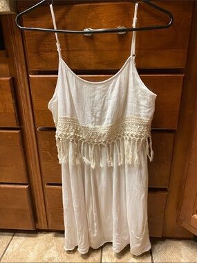 White w/Cream Crochet Fringe Dress with Spaghetti Straps-M Summer